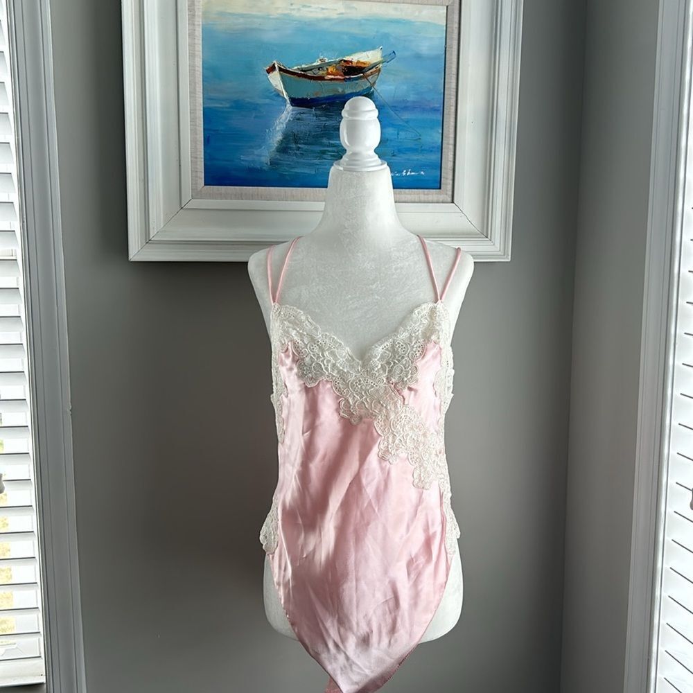Vintage 80s Victorias Secret Gold Label Pink Lace Nightie Sexy Bodysuit Medium